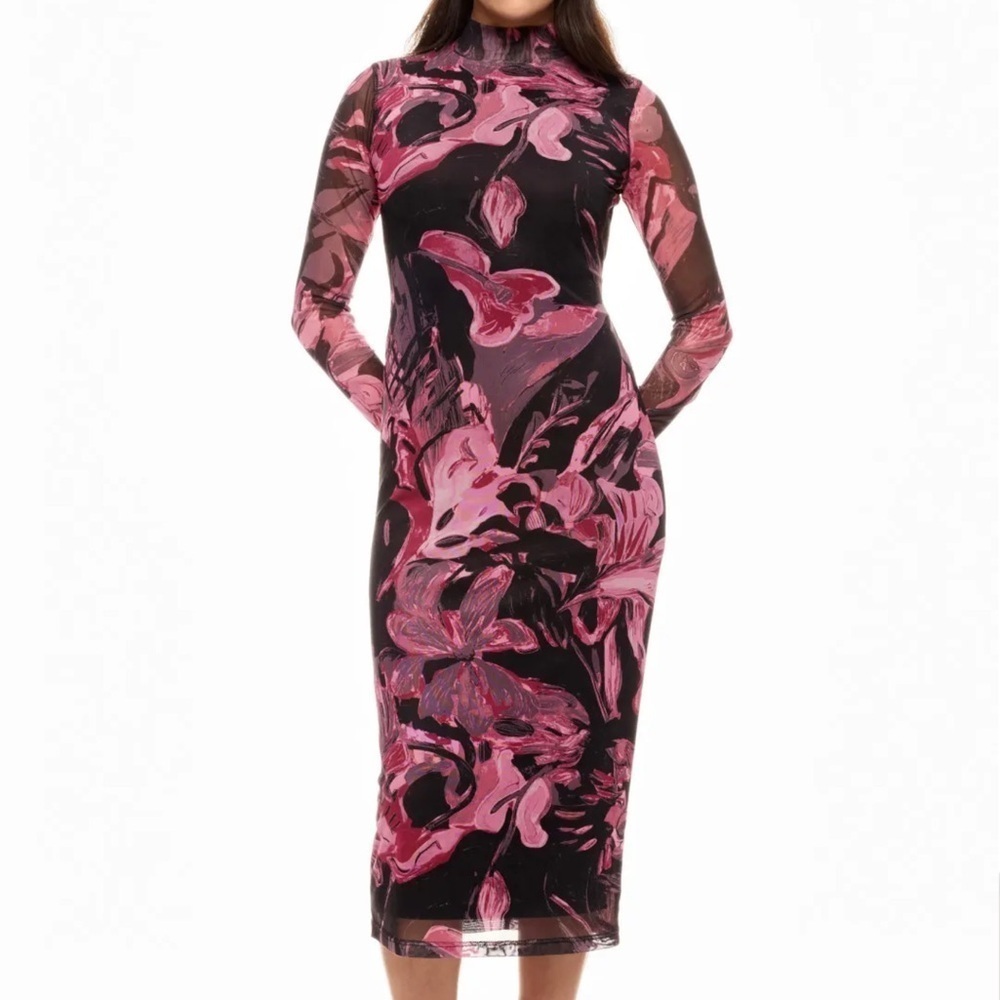 Prabal Gurung x RTR Abstract Floral Mesh Midi Dress Size XXL Pink Black